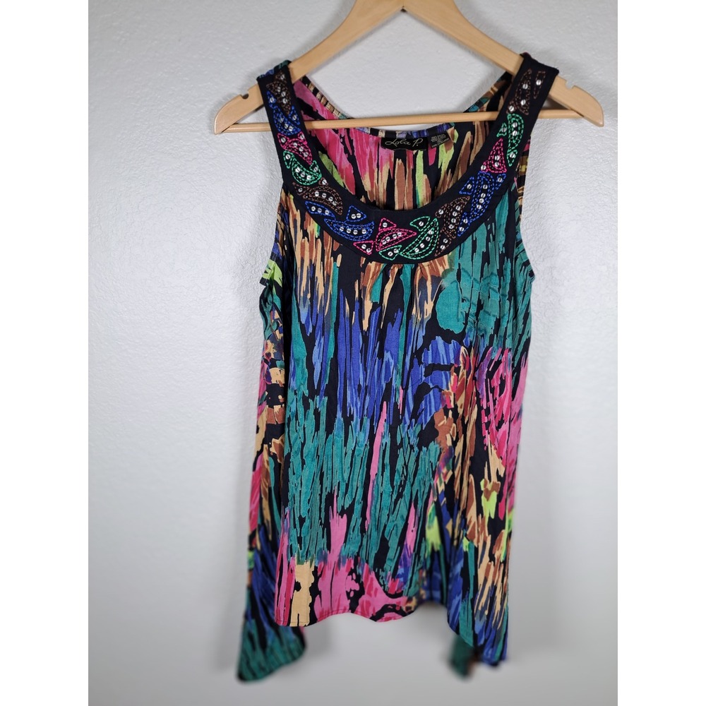 Lola P Abstract Print Sleeveless Tank Top Sequin Neck Handkerchief Hem XL